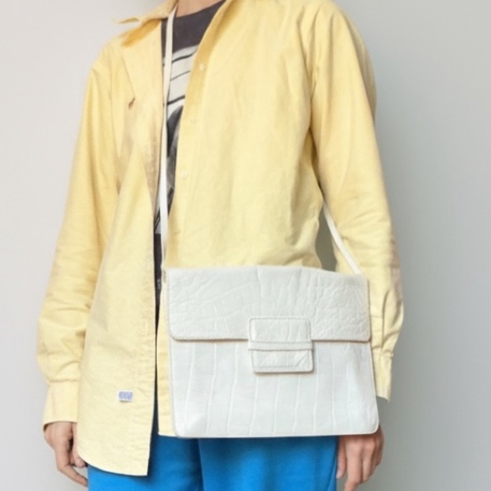 Vintage Furla Bag Envelope Croc Embossed Leather Off White Structured Purse - Picture 3 of 16